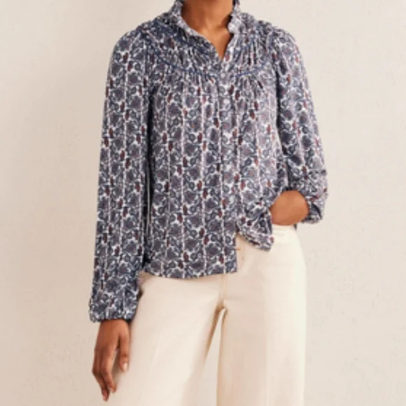 Boden Blue and White Paisley Long-Sleeve Ruffled Yoke Blouse - Picture 8 of 9